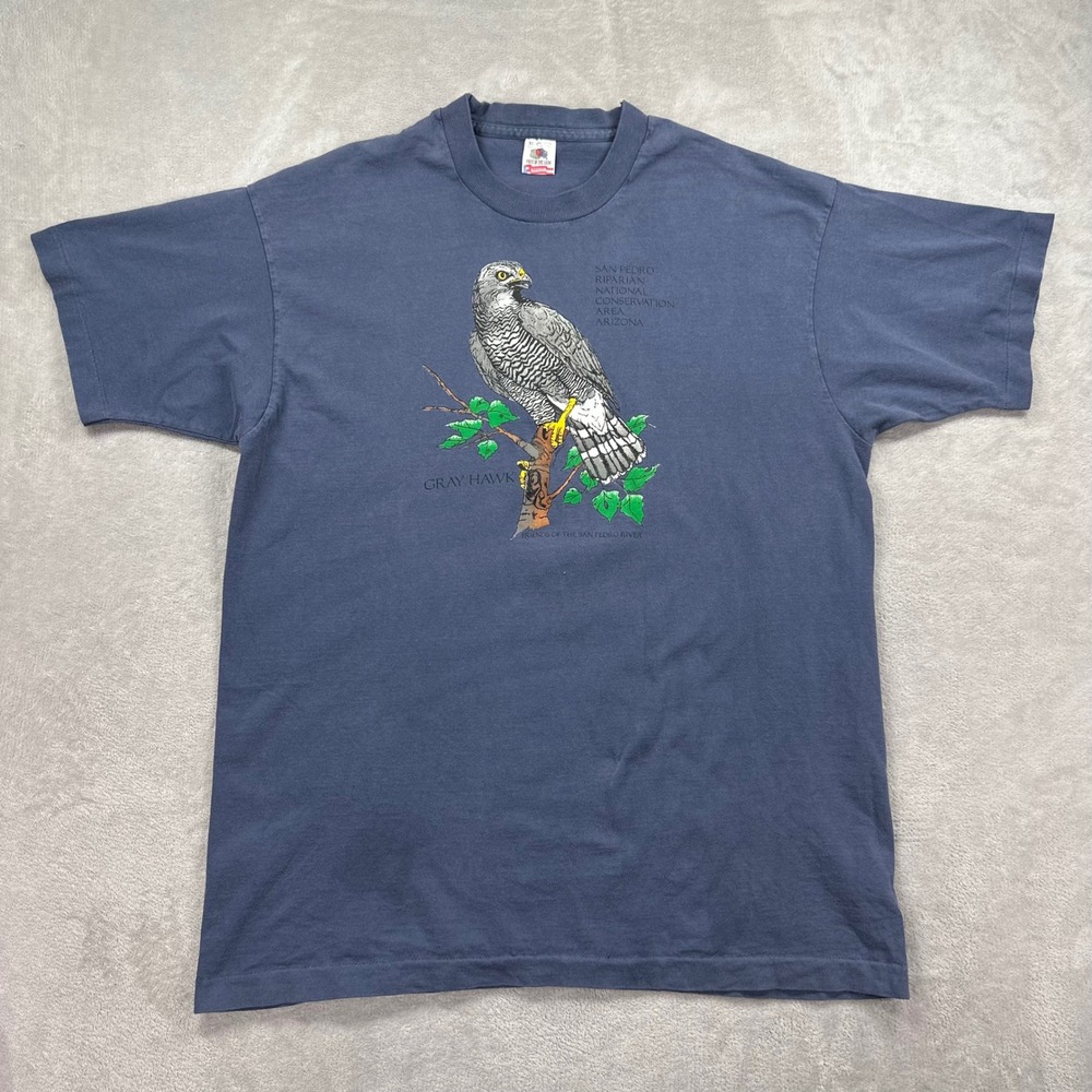 Fruit of the Loom T-Shirt Mens XL Blue Vintage Gray Hawk Arizona Single Stitch